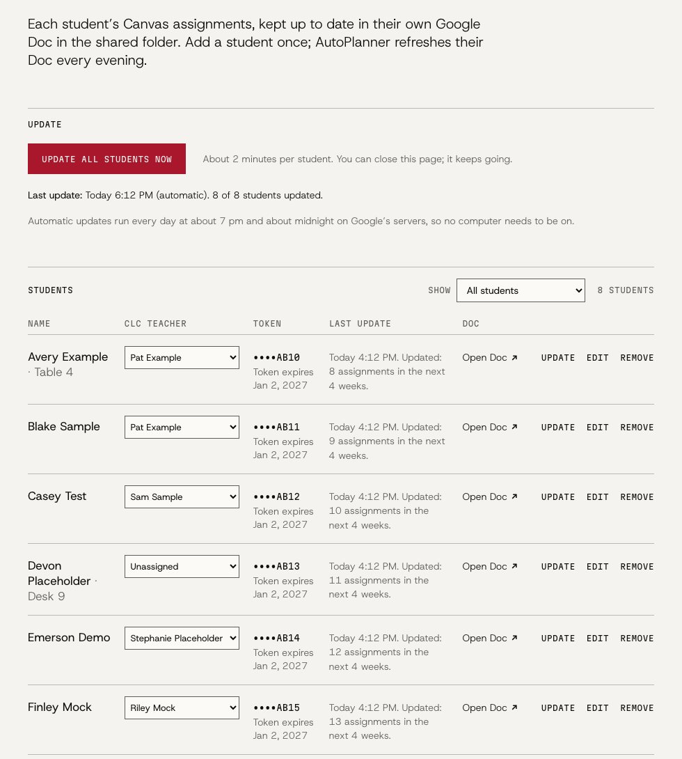AutoPlanner’s staff page: a crimson “Update all students now” button, the last automatic update (8 of 8 students), and a list of students with invented names, each with a CLC teacher, a hidden token showing only its last four characters, its expiry date, the last update and an Open Doc link.